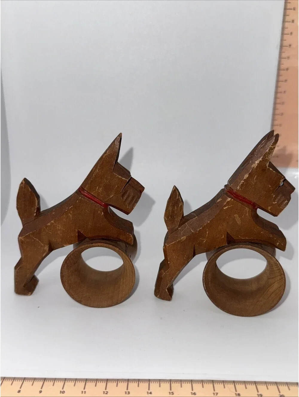 Vintage Pair Of Carved Wooden Scottie Dog Napkin Rings - Made In Germany